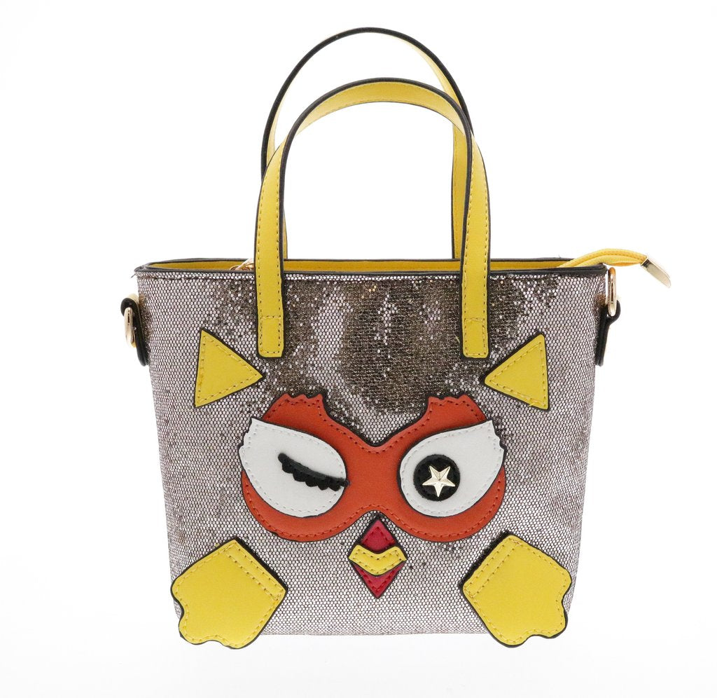 GLITTER TOP HANDLE PURSE WITH WINKING OWL