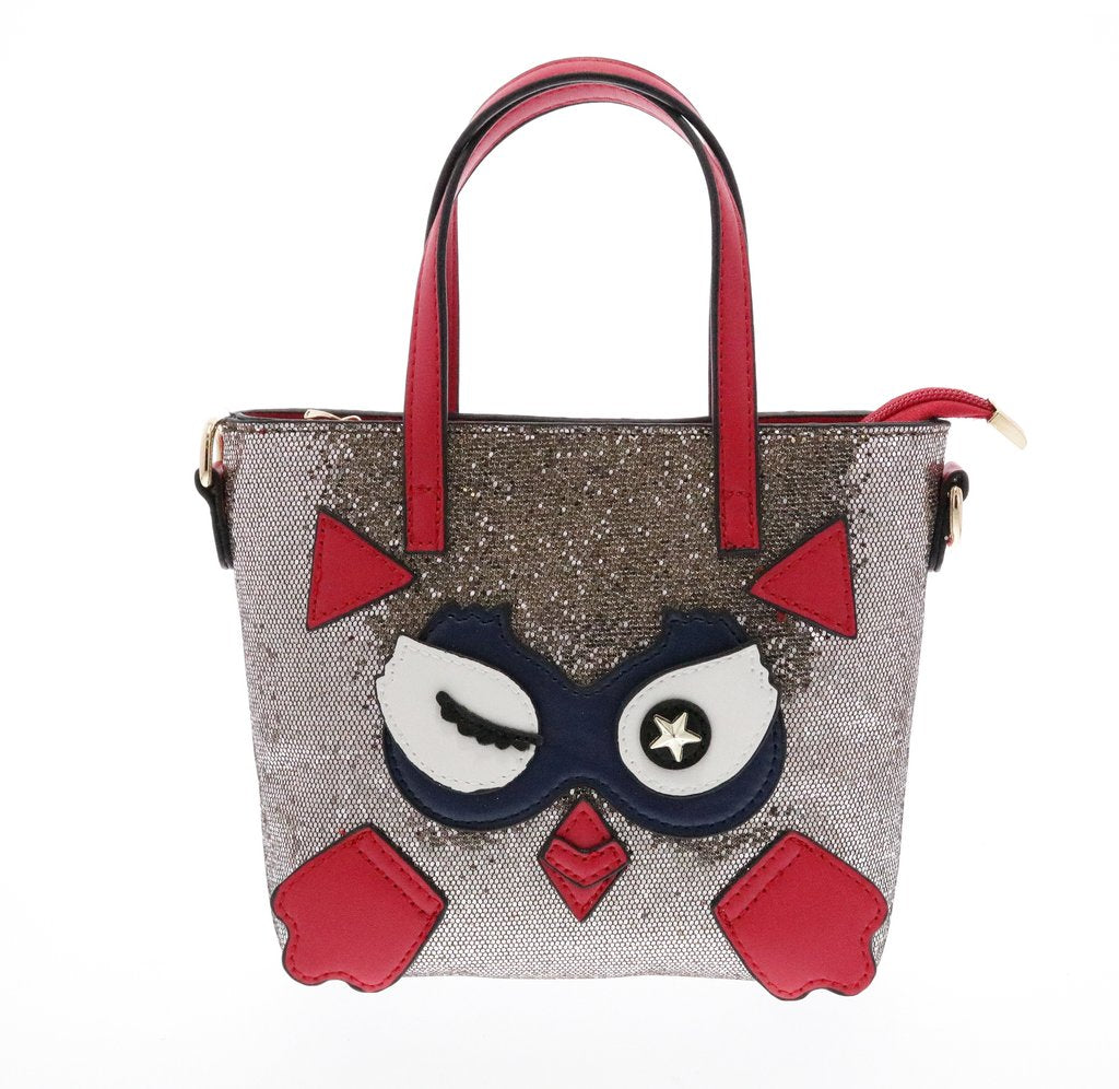 GLITTER TOP HANDLE PURSE WITH WINKING OWL