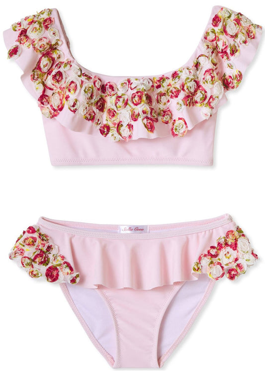 Bikini drapeado rosa con encaje de flores